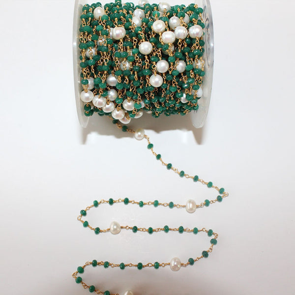 Emerald and Freshwater Pearl natural gemstone faceted 3-4mm rondelle bead rosary coin chain 24k gold plated over silver, women jewelry making necklaces, earrings, anklets, and bracelets.