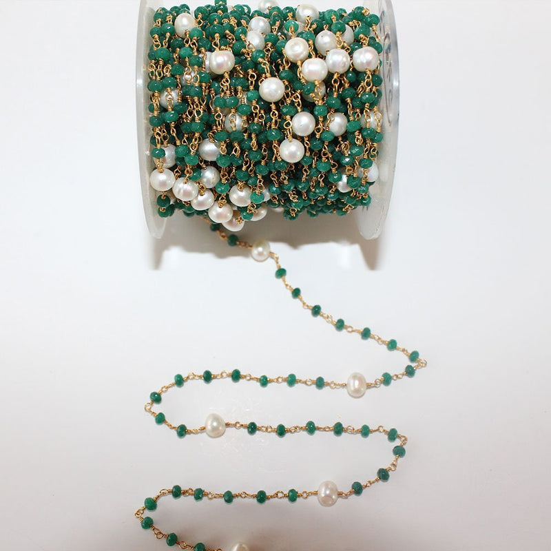 Emerald and Freshwater Pearl natural gemstone faceted 3-4mm rondelle bead rosary coin chain 24k gold plated over silver, women jewelry making necklaces, earrings, anklets, and bracelets.