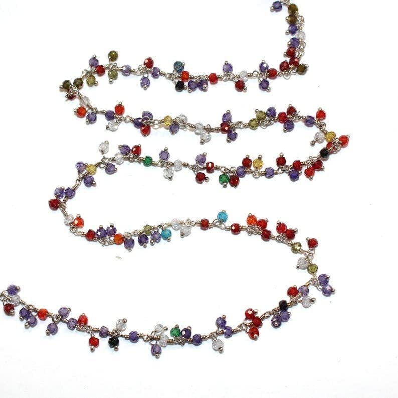 zircon multi color natural semi-precious gemstone beads silver rosary chain for a necklace, earrings, anklet, and bracelet making.