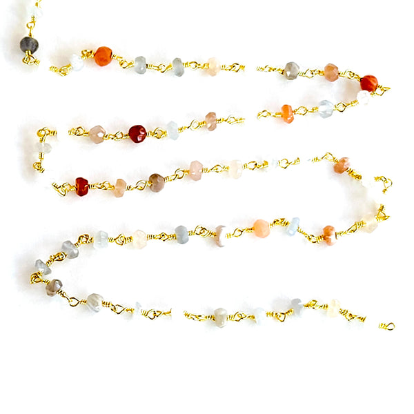multi moonstone natural semi-precious gemstone beads 24k gold plated over silver rosary chain for a necklace, earrings, anklet, and bracelet making.