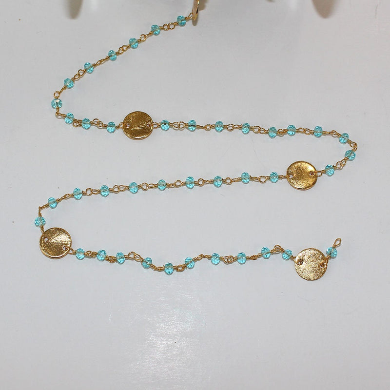 Blue Topaz gemstone faceted rondelle bead rosary coin chain 24k gold plated over silver, women jewelry making necklaces, earrings, anklets, and bracelets.