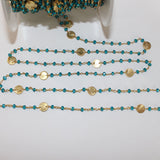 Blue Topaz gemstone faceted rondelle bead rosary coin chain 24k gold plated over silver, women jewelry making necklaces, earrings, anklets, and bracelets.