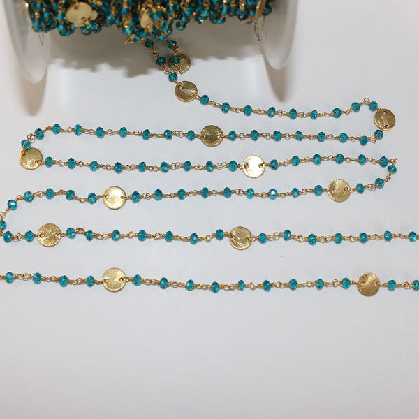Blue Topaz gemstone faceted rondelle bead rosary coin chain 24k gold plated over silver, women jewelry making necklaces, earrings, anklets, and bracelets.