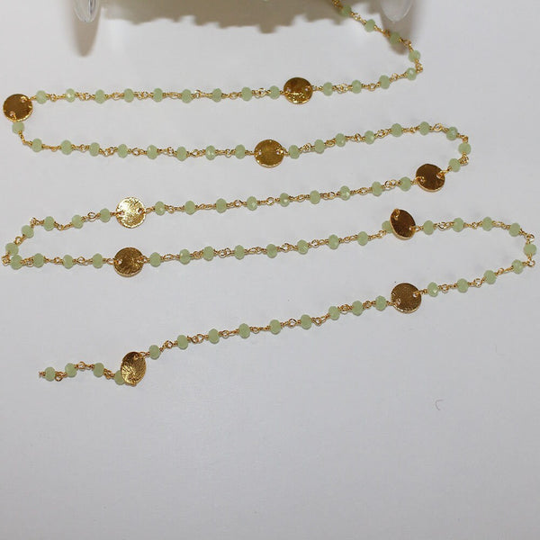 Green Chalcedony gemstone faceted rondelle bead rosary coin chain women jewelry making necklaces, earrings, anklets, and bracelets.