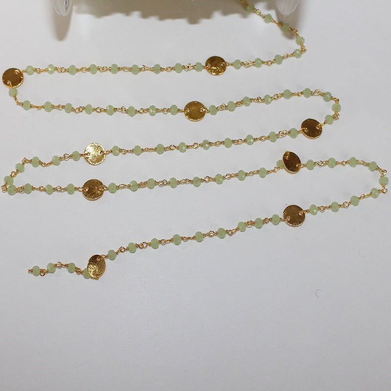 Green Chalcedony gemstone faceted rondelle bead rosary coin chain women jewelry making necklaces, earrings, anklets, and bracelets.