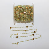 Green Chalcedony gemstone faceted rondelle bead rosary coin chain 24k gold plated over silver, women jewelry making necklaces, earrings, anklets, and bracelets.