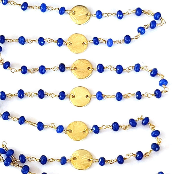 Lapis Lazuli Jade gemstone faceted rondelle bead rosary coin chain 24k gold plated over silver, women jewelry making necklaces, earrings, anklets, and bracelets.