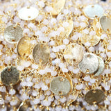 Pink Chalcedony gemstone faceted rondelle bead rosary coin chain 24k gold plated over silver, women jewelry making necklaces, earrings, anklets, and bracelets.