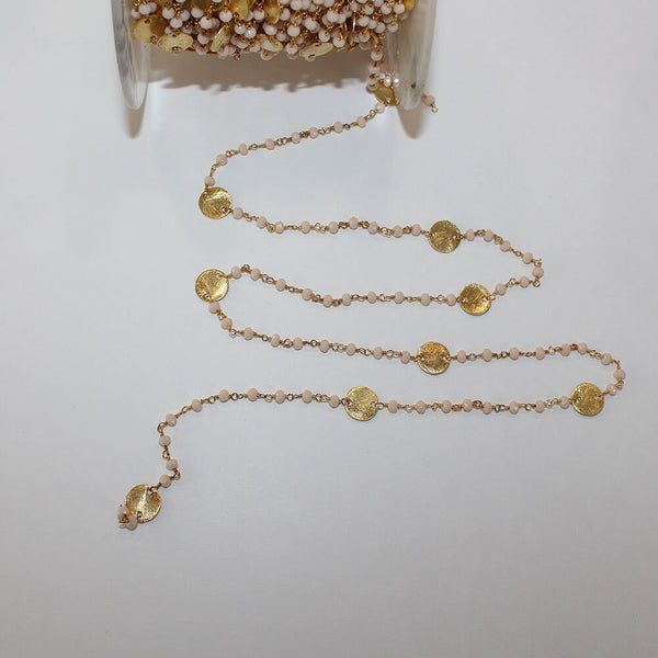 Pink Opal gemstone faceted rondelle bead rosary coin chain 24k gold plated over silver, women jewelry making necklaces, earrings, anklets, and bracelets.