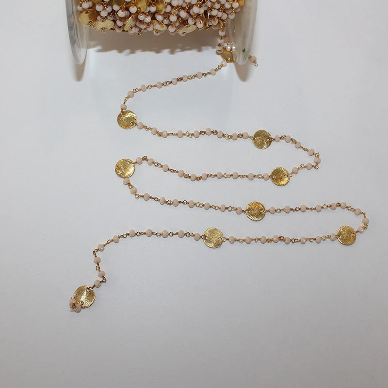 Pink Opal gemstone faceted rondelle bead rosary coin chain 24k gold plated over silver, women jewelry making necklaces, earrings, anklets, and bracelets.