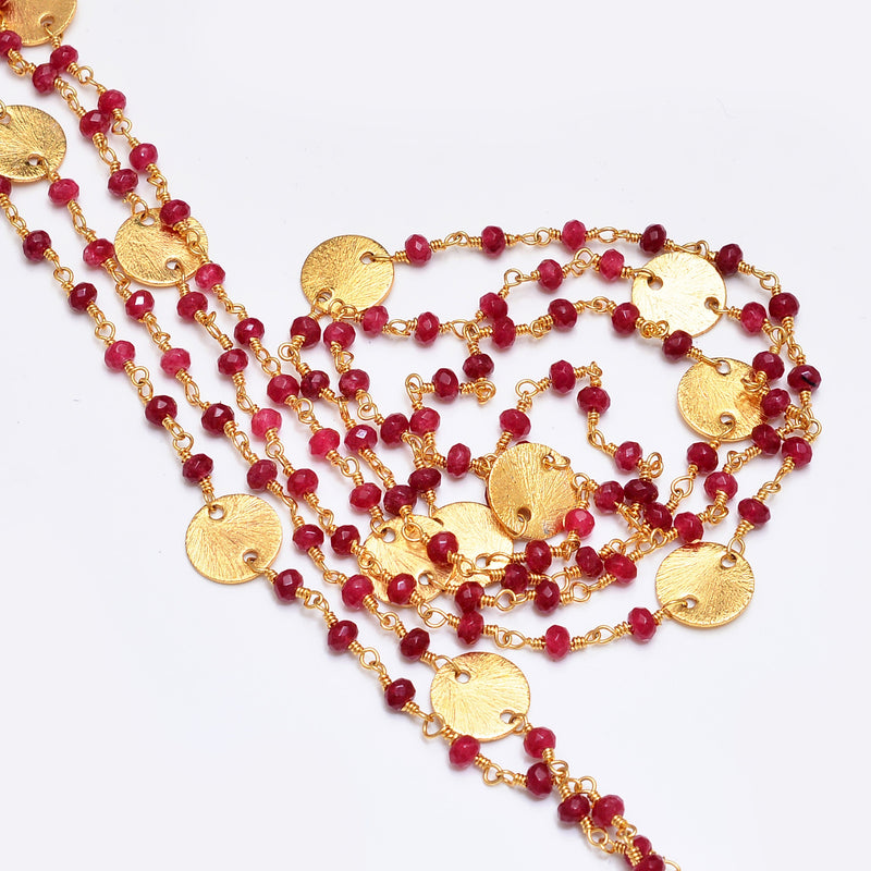 Red Coral Quartz gemstone faceted rondelle bead rosary coin chain 24k gold plated over silver, women jewelry making necklaces, earrings, anklets, and bracelets.
