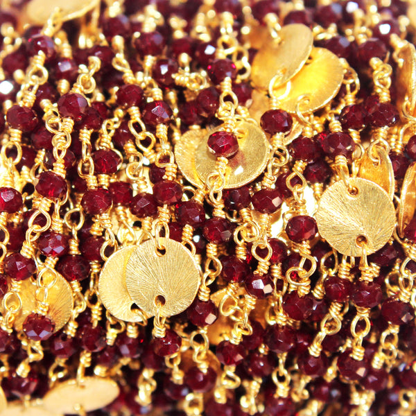 Rhodolite Garnet gemstone faceted rondelle bead rosary coin chain 24k gold plated over silver, women jewelry making necklaces, earrings, anklets, and bracelets.