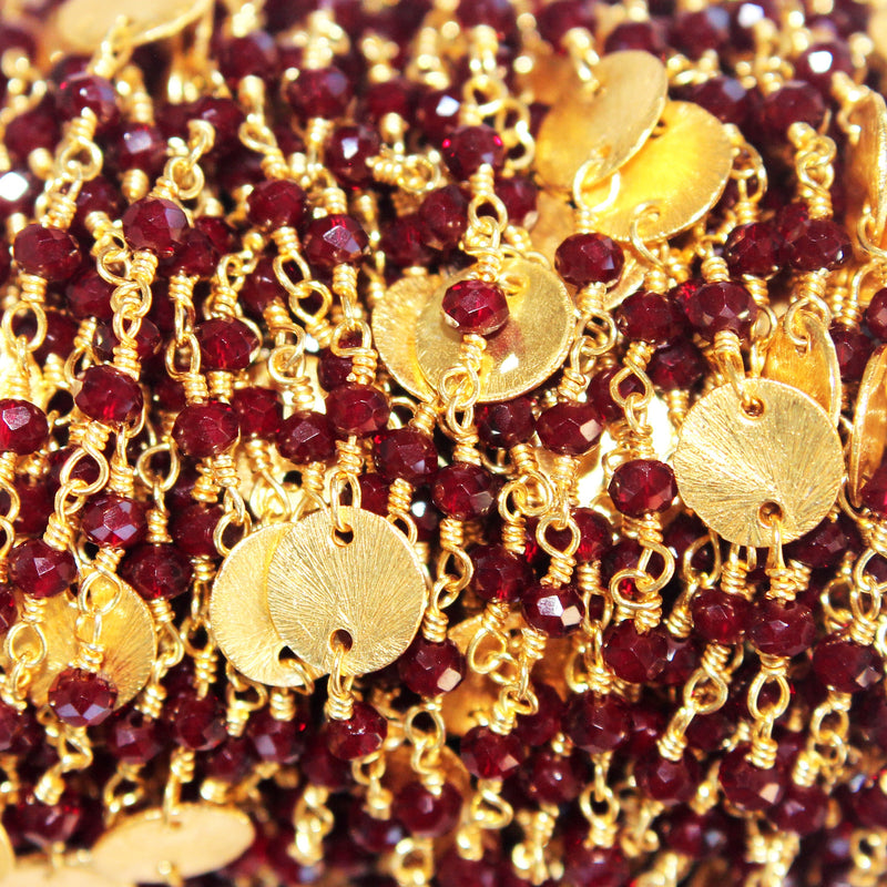 Rhodolite Garnet gemstone faceted rondelle bead rosary coin chain 24k gold plated over silver, women jewelry making necklaces, earrings, anklets, and bracelets.