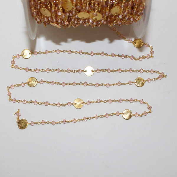 Rose Quartz gemstone faceted rondelle bead rosary coin chain 24k gold plated over silver, women jewelry making necklaces, earrings, anklets, and bracelets.