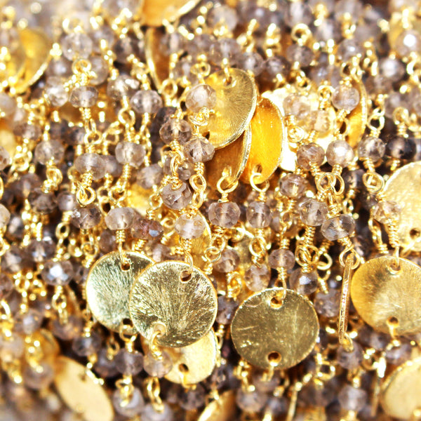 Smoky Quartz gemstone faceted rondelle bead rosary coin chain 24k gold plated over silver, women jewelry making necklaces, earrings, anklets, and bracelets.
