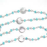 Blue Topaz gemstone faceted rondelle bead rosary coin chain silver, women jewelry making necklaces, earrings, anklets, and bracelets.