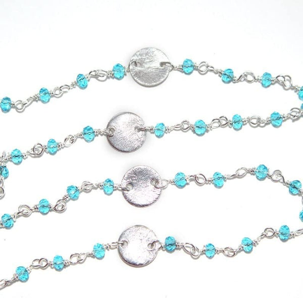 Blue Topaz gemstone faceted rondelle bead rosary coin chain silver, women jewelry making necklaces, earrings, anklets, and bracelets.