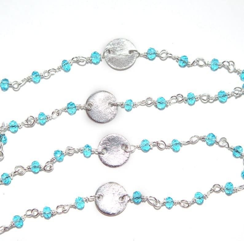 Blue Topaz gemstone faceted rondelle bead rosary coin chain silver, women jewelry making necklaces, earrings, anklets, and bracelets.