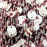 Rhodolite Garnet gemstone faceted rondelle bead rosary coin chain silver, women jewelry making necklaces, earrings, anklets, and bracelets.