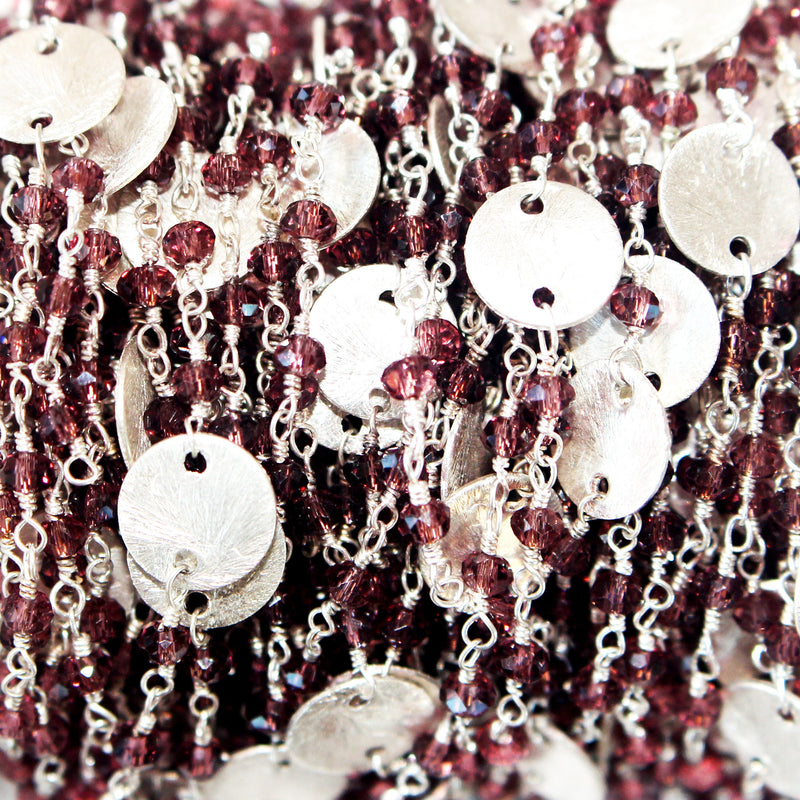 Rhodolite Garnet gemstone faceted rondelle bead rosary coin chain silver, women jewelry making necklaces, earrings, anklets, and bracelets.