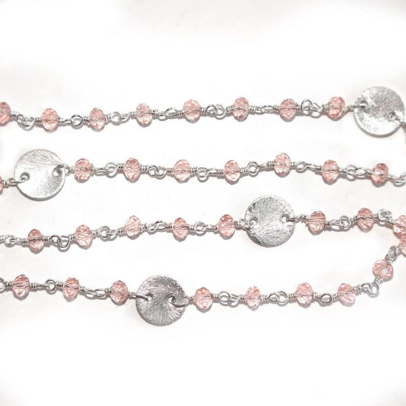 Rose Quartz gemstone faceted rondelle bead rosary coin chain women jewelry making necklaces, earrings, anklets, and bracelets.