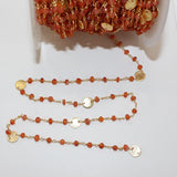 Carnelian natural gemstone faceted rondelle bead rosary coin chain 24k gold plated over silver, women jewelry making necklaces, earrings, anklets, and bracelets.