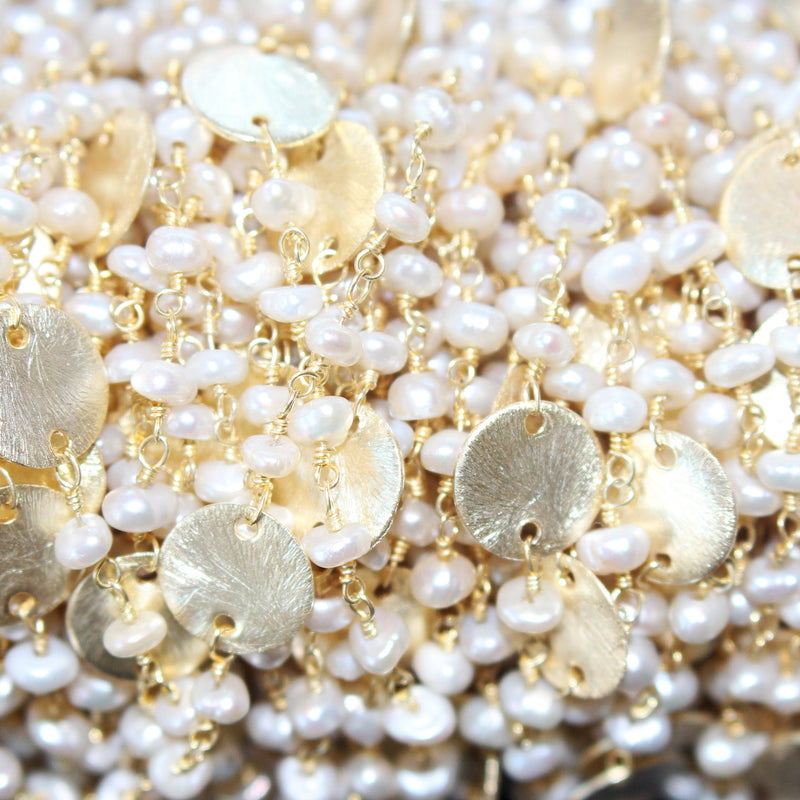 Freshwater Pearl natural gemstone faceted rondelle bead rosary coin chain 24k gold plated over silver, women jewelry making necklaces, earrings, anklets, and bracelets.