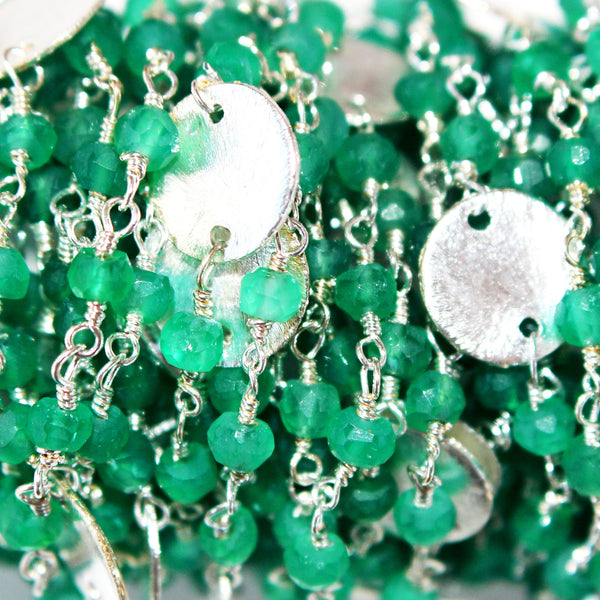 Green Onyx natural gemstone faceted rondelle bead rosary coin chain 24k gold plated over silver, women jewelry making necklaces, earrings, anklets, and bracelets.