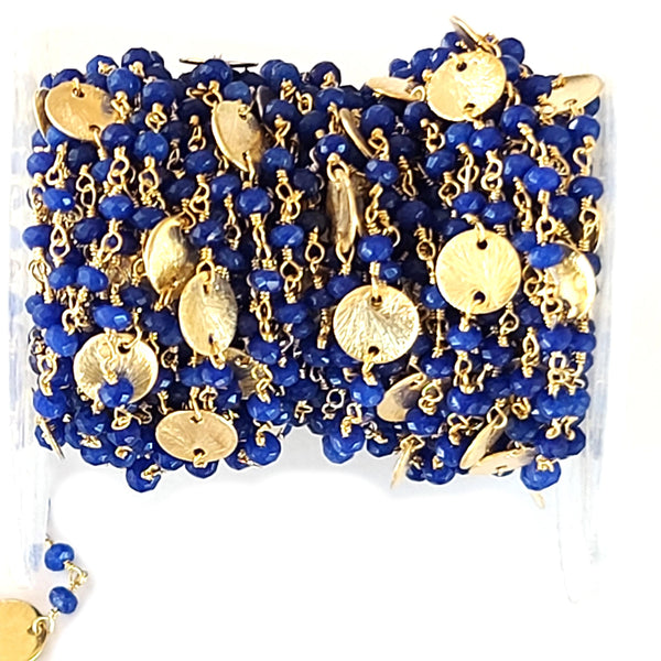 Lapis Lazuli natural gemstone faceted rondelle bead rosary coin chain 24k gold plated over silver, women jewelry making necklaces, earrings, anklets, and bracelets.