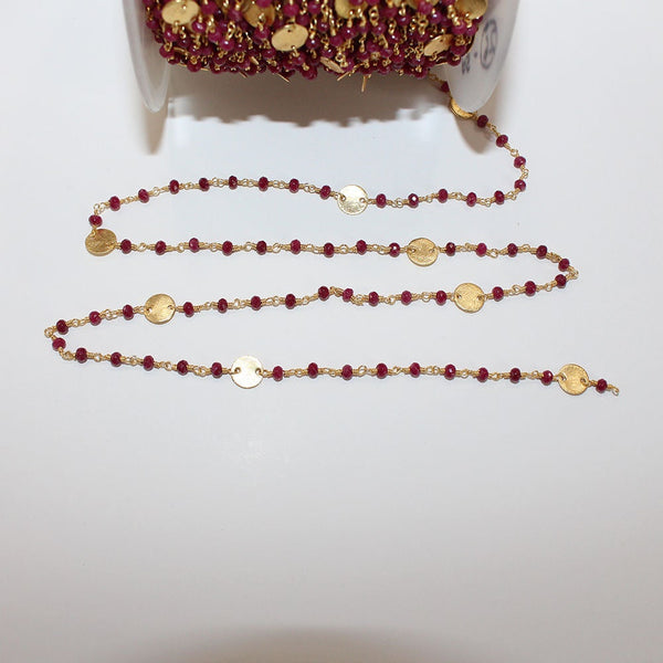 Ruby Jade natural gemstone faceted rondelle bead rosary coin chain 24k gold plated over silver, women jewelry making necklaces, earrings, anklets, and bracelets.
