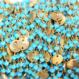 Turquoise natural gemstone faceted rondelle bead rosary coin chain 24k gold plated over silver, women jewelry making necklaces, earrings, anklets, and bracelets.