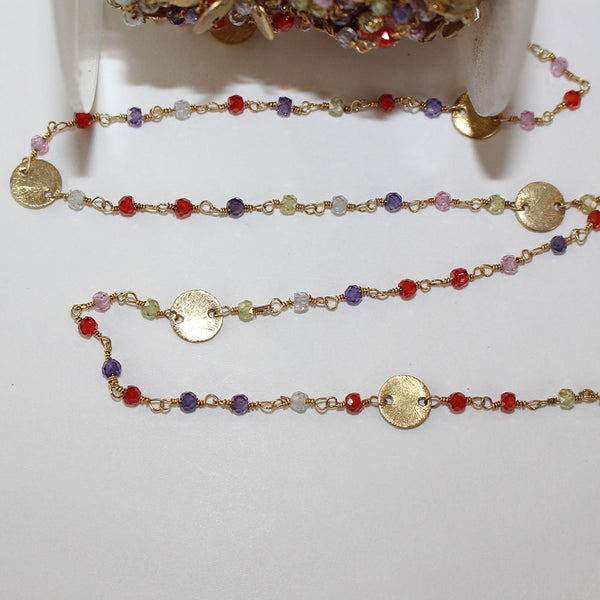 Multi Color Zircon natural gemstone faceted rondelle bead rosary coin chain 24k gold plated over silver, women jewelry making necklaces, earrings, anklets, and bracelets.