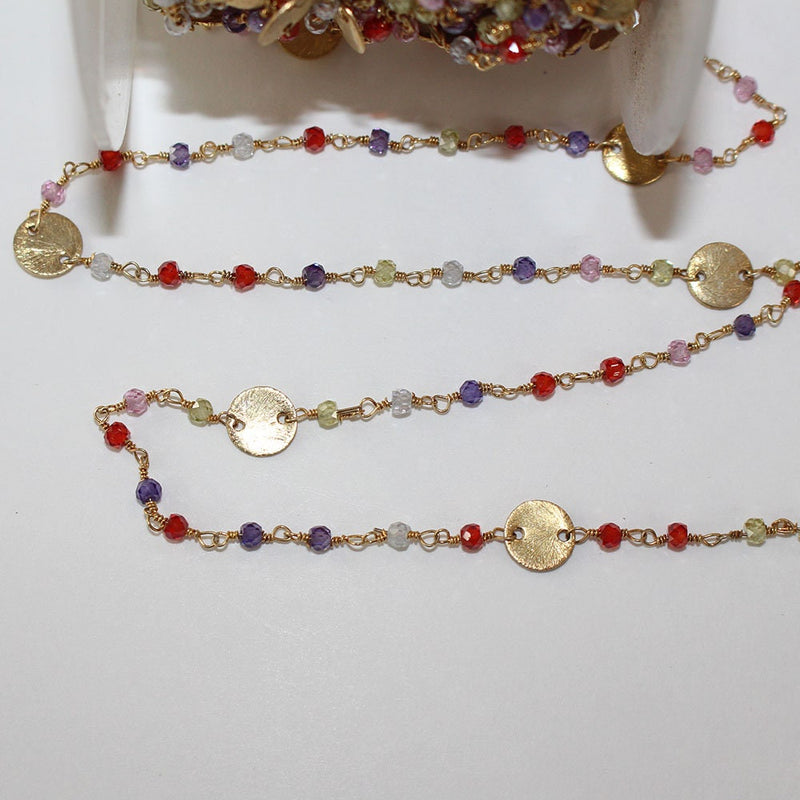 Multi Color Zircon natural gemstone faceted rondelle bead rosary coin chain 24k gold plated over silver, women jewelry making necklaces, earrings, anklets, and bracelets.