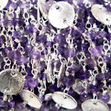 Amethyst natural gemstone faceted rondelle bead rosary coin chain silver, women jewelry making necklaces, earrings, anklets, and bracelets.