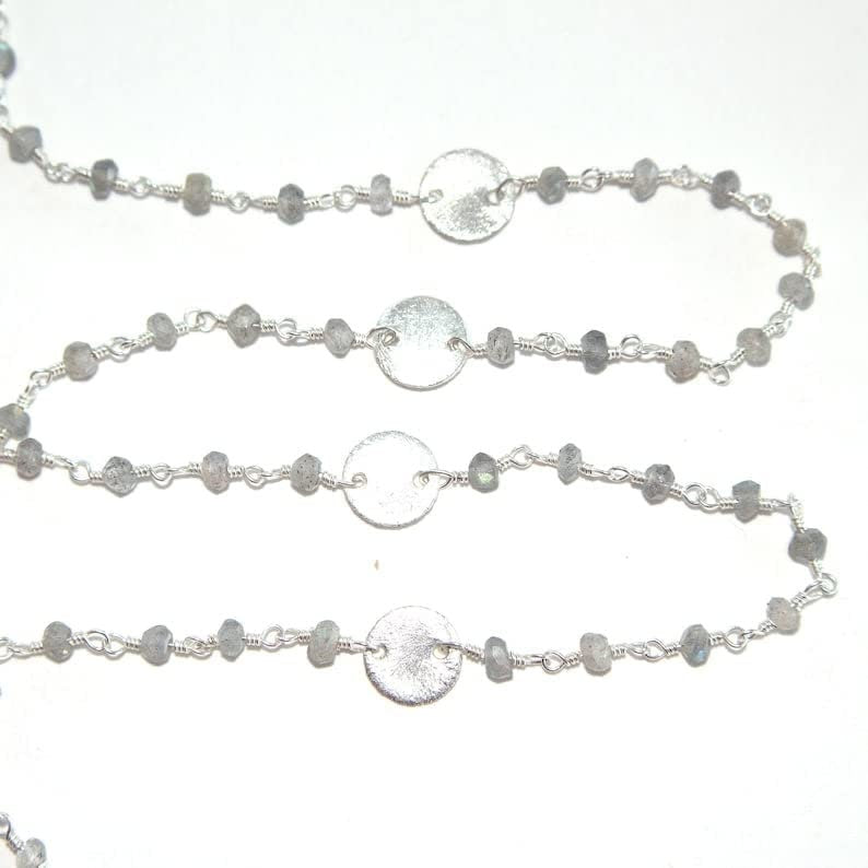 Labradorite natural gemstone faceted rondelle bead rosary coin chain silver, women jewelry making necklaces, earrings, anklets, and bracelets.