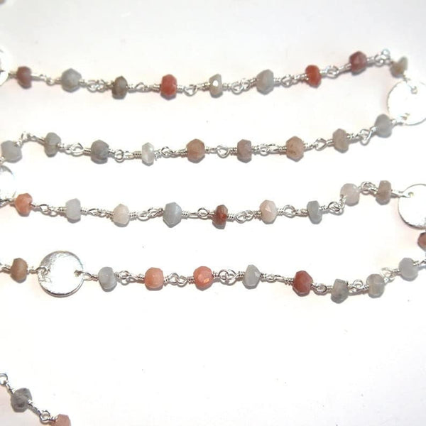 Multi Moonstone natural gemstone faceted rondelle bead rosary coin chain silver, women jewelry making necklaces, earrings, anklets, and bracelets.