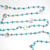 Turquoise natural gemstone faceted rondelle bead rosary coin chain silver, women jewelry making necklaces, earrings, anklets, and bracelets.