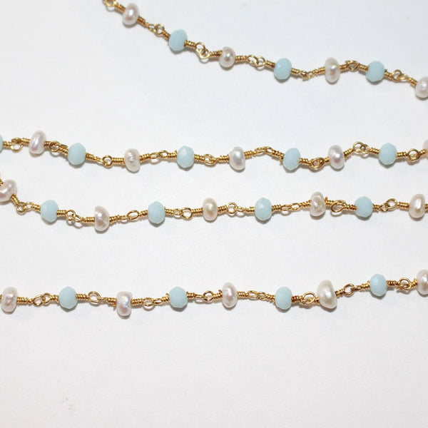 Amazonite and Freshwater Pearl Rosary Chain Jewelry