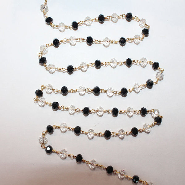 Black Spinel and Clear Quartz gemstone faceted rondelle bead 3-4mm rosary chain 24k gold plated over silver, women jewelry making necklaces, earrings, anklets, and bracelets.