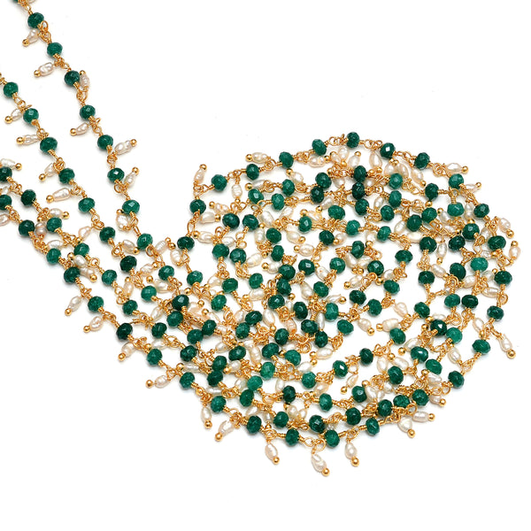 emerald jade natural semi-precious gemstone beads 24k gold plated over silver rosary chain for a necklace, earrings, anklet, and bracelet making.