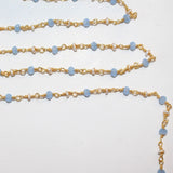 Blue Chalcedony and freshwater pearl gemstone faceted rondelle bead 3mm rosary chain 24k gold plated over silver, women jewelry making necklaces, earrings, anklets, and bracelets.