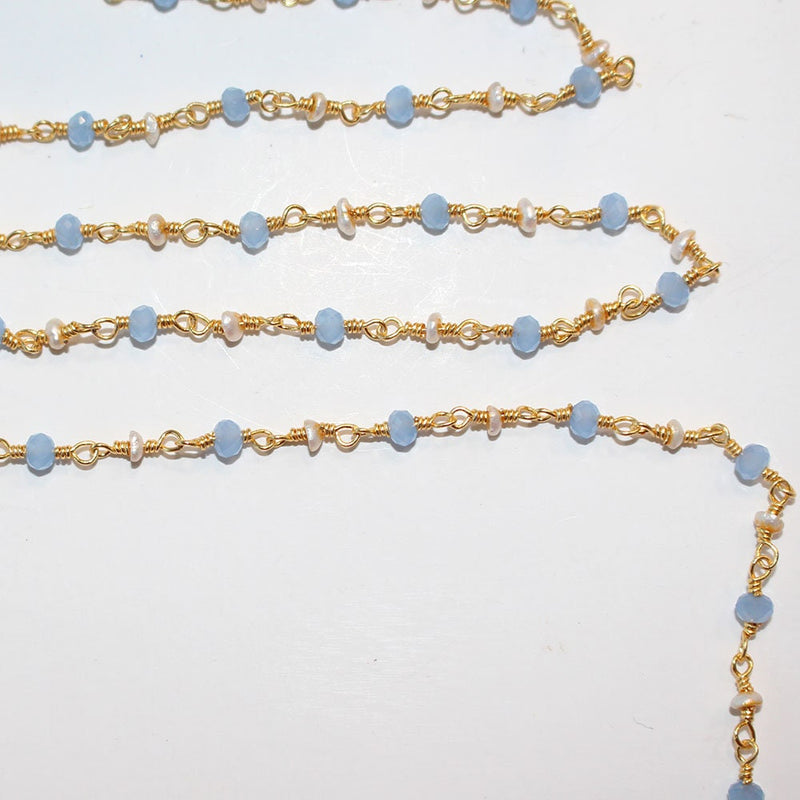 Blue Chalcedony and freshwater pearl gemstone faceted rondelle bead 3mm rosary chain 24k gold plated over silver, women jewelry making necklaces, earrings, anklets, and bracelets.