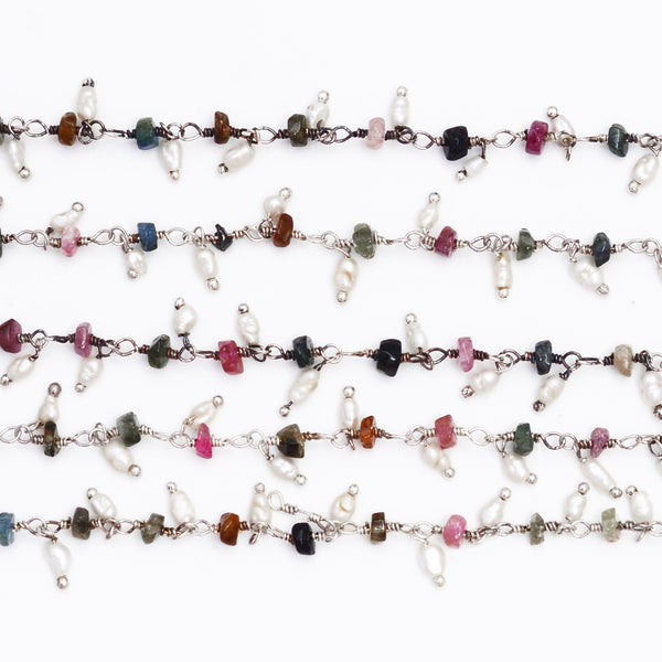 multi tourmaline natural semi-precious gemstone beads silver rosary chain for a necklace, earrings, anklet, and bracelet making.