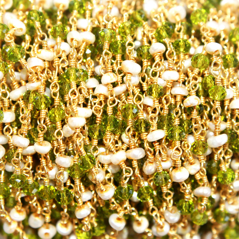 Peridot and freshwater pearl gemstone faceted rondelle bead rosary chain 24k gold plated over silver, women jewelry making necklaces, earrings, anklets, and bracelets.