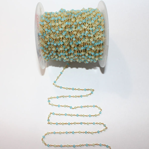 Peruvian Blue and Green Chalcedony faceted rondelle bead rosary chain women jewelry making necklaces, earrings, anklets, and bracelets.