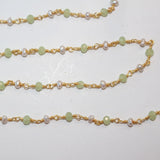 Green Chalcedony and freshwater pearl gemstone faceted rondelle bead 3mm rosary chain 24k gold plated over silver, women jewelry making necklaces, earrings, anklets, and bracelets.