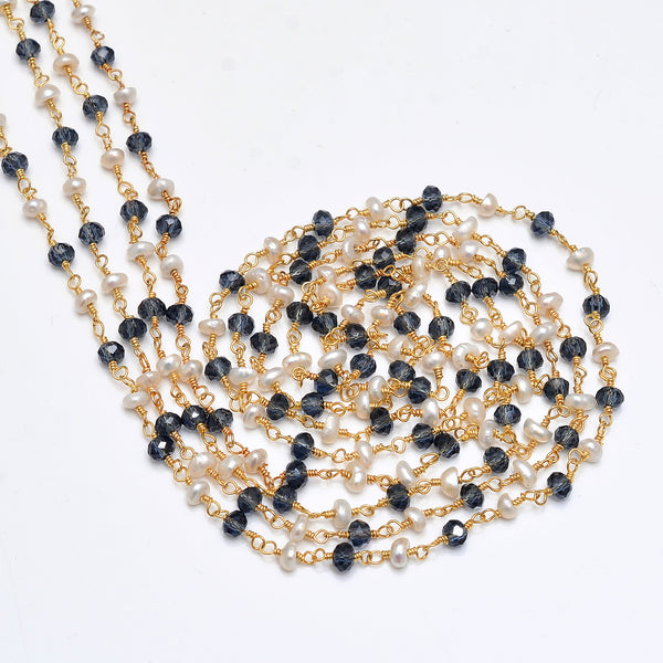 London Blue Topaz and freshwater pearl gemstone faceted rondelle bead rosary chain 24k gold plated over silver, women jewelry making necklaces, earrings, anklets, and bracelets.