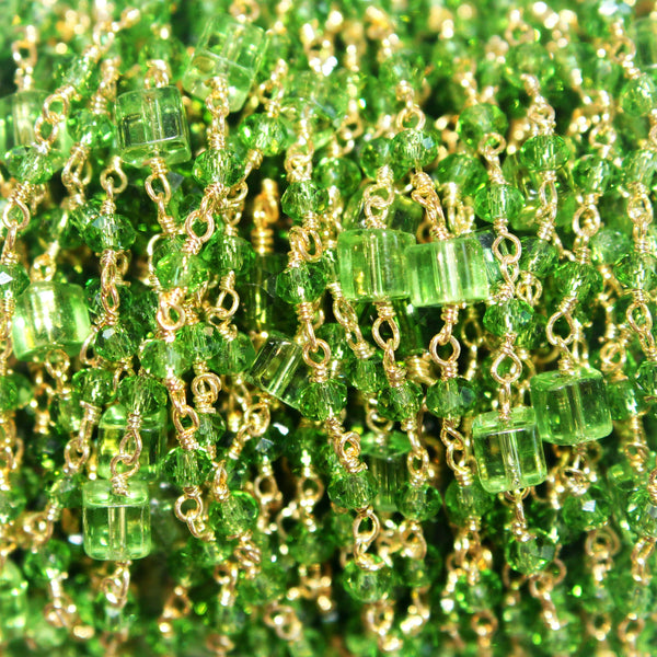 Peridot gemstone faceted rondelle bead rosary coin chain 24k gold plated over silver, women jewelry making necklaces, earrings, anklets, and bracelets.