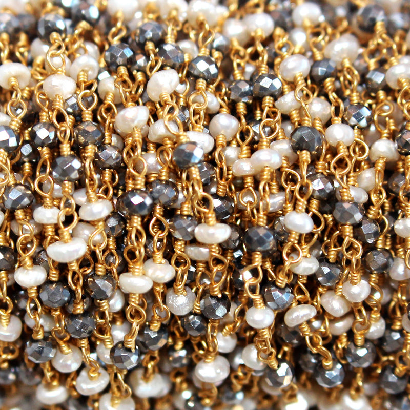 Pyrite and freshwater pearl gemstone faceted rondelle bead 3mm rosary chain 24k gold plated over silver, women jewelry making necklaces, earrings, anklets, and bracelets.