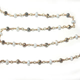 Pyrite and freshwater pearl gemstone faceted rondelle bead 3mm rosary chain 24k gold plated over silver, women jewelry making necklaces, earrings, anklets, and bracelets.